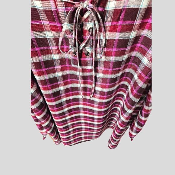 LANE BRYANT Plus Size Long sleeve Shimmery Plaid Top With Tie Front Closure. - Picture 5 of 14